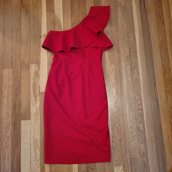 Zara One Shoulder Candy Apple Red Ruffled Pencil Dress Midi Length Holiday Sz M - Picture 9 of 13